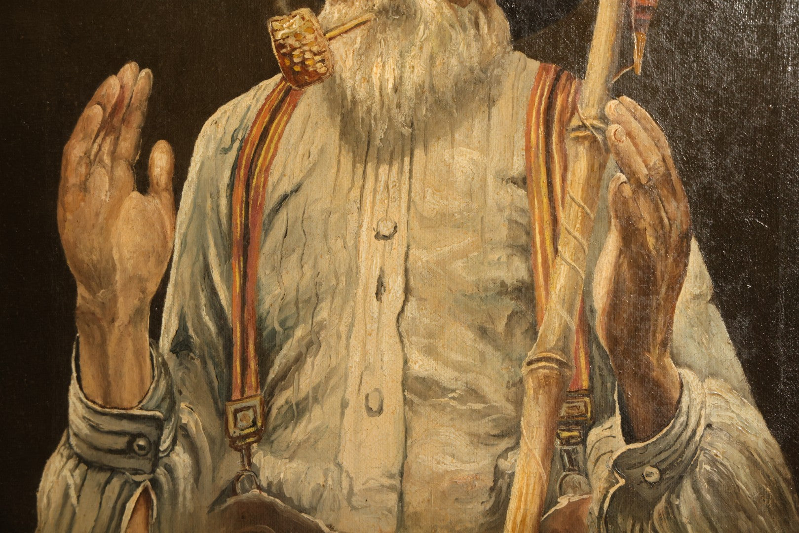 Antique Oil Painting on Canvas, Portrait of an Elderly Fisherman with Pole, Pipe, and Spectacles, Signed H.P.K. Hanson, 1912, Framed