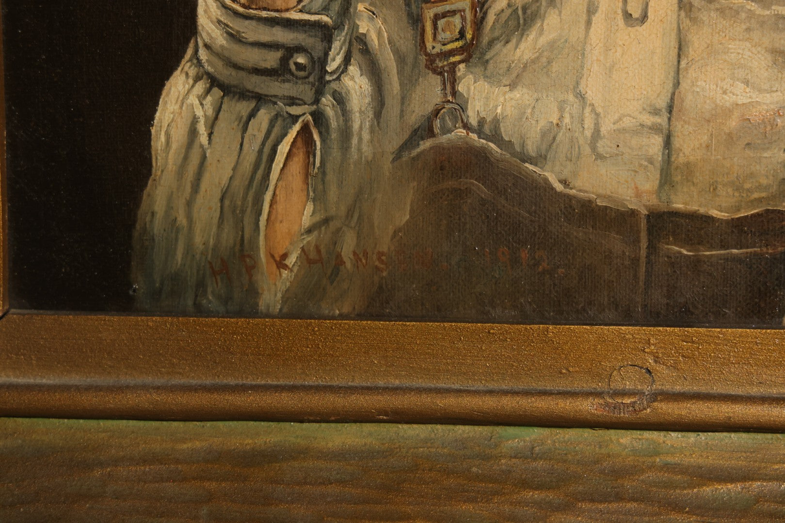 Antique Oil Painting on Canvas, Portrait of an Elderly Fisherman with Pole, Pipe, and Spectacles, Signed H.P.K. Hanson, 1912, Framed