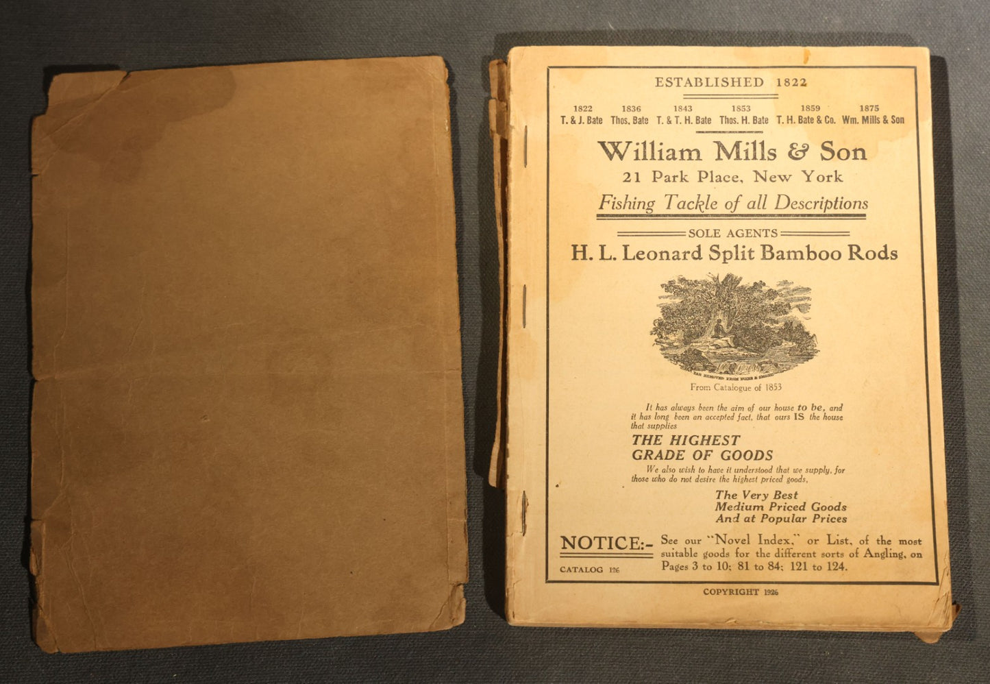 Antique William Mills & Son "Fishing Tackle Exclusively" Catalog 126, Sole Agents for H.L. Leonard Split Bamboo Rods, 21 Park Place, New York, Copyright 1926