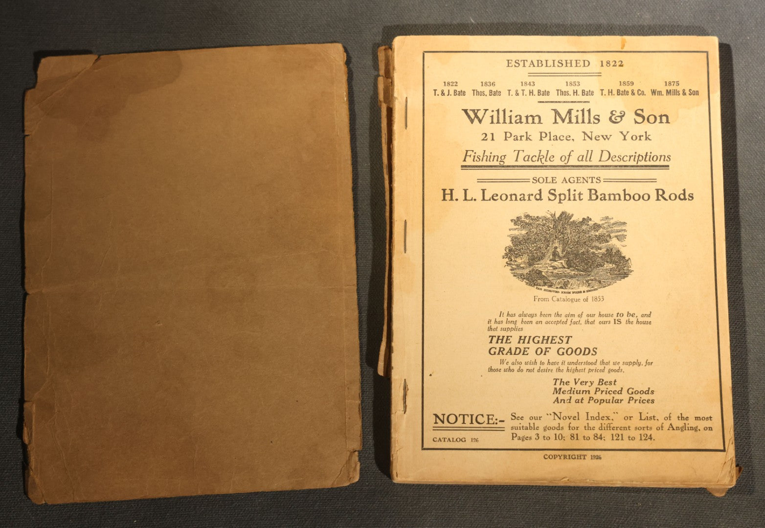 Antique William Mills & Son "Fishing Tackle Exclusively" Catalog 126, Sole Agents for H.L. Leonard Split Bamboo Rods, 21 Park Place, New York, Copyright 1926