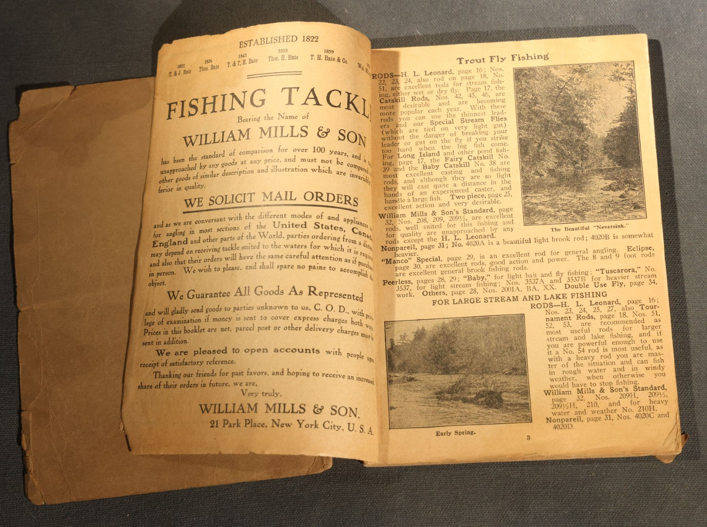 Antique William Mills & Son "Fishing Tackle Exclusively" Catalog 126, Sole Agents for H.L. Leonard Split Bamboo Rods, 21 Park Place, New York, Copyright 1926