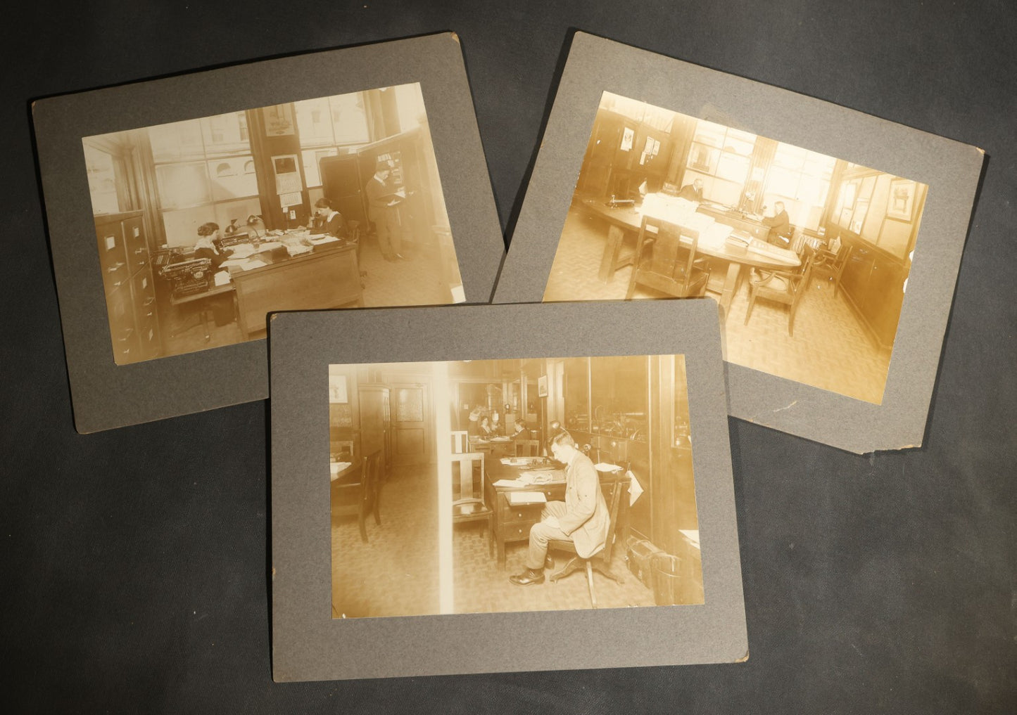 Trio of Antique Board-Mounted Occupational Photographs of Office Interiors with Typewriters, Filing Cabinets, Desks, and Telephones