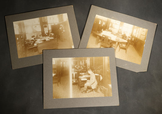 Trio of Antique Board-Mounted Occupational Photographs of Office Interiors with Typewriters, Filing Cabinets, Desks, and Telephones