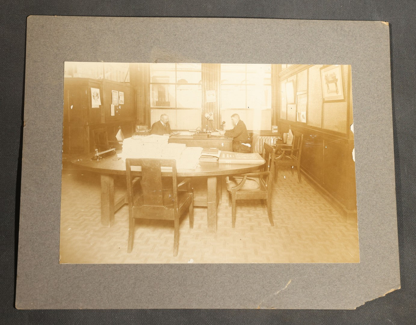 Trio of Antique Board-Mounted Occupational Photographs of Office Interiors with Typewriters, Filing Cabinets, Desks, and Telephones