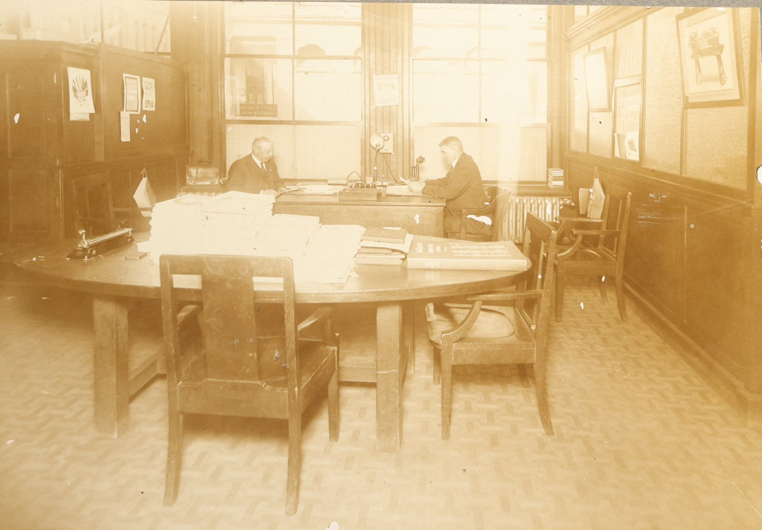 Trio of Antique Board-Mounted Occupational Photographs of Office Interiors with Typewriters, Filing Cabinets, Desks, and Telephones