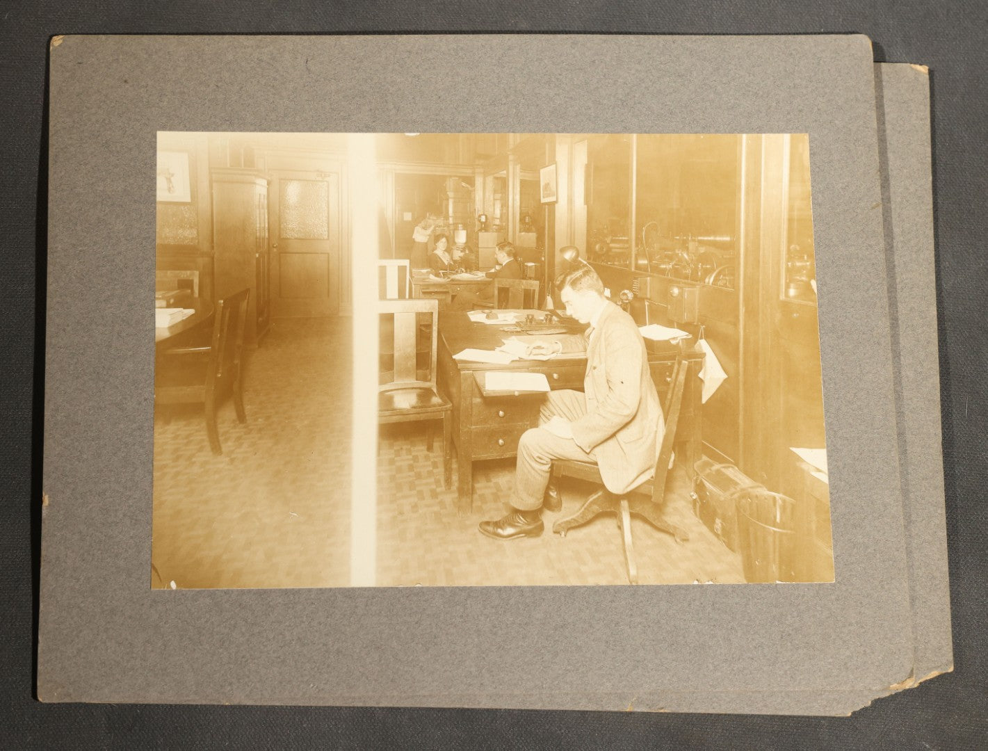 Trio of Antique Board-Mounted Occupational Photographs of Office Interiors with Typewriters, Filing Cabinets, Desks, and Telephones