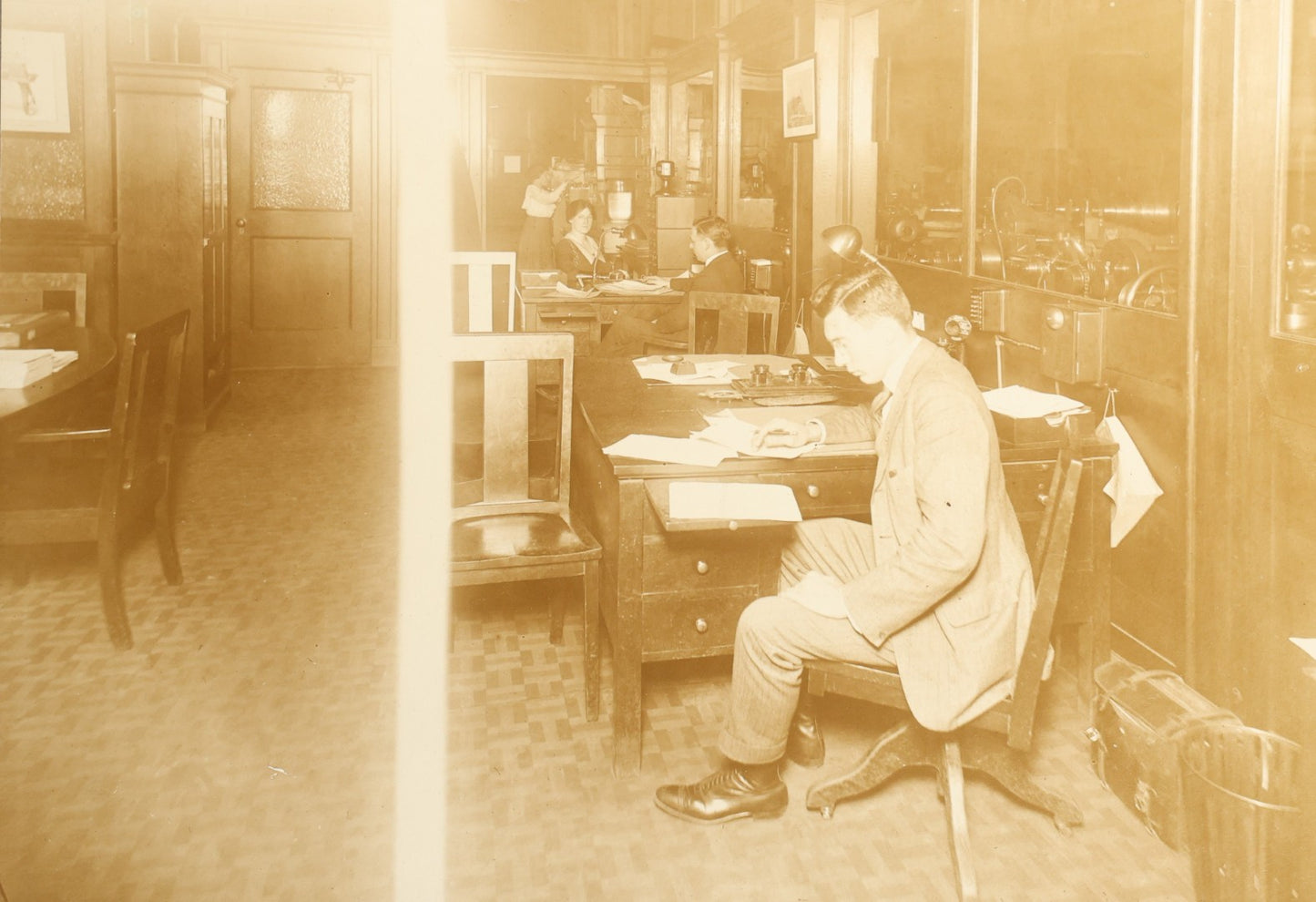 Trio of Antique Board-Mounted Occupational Photographs of Office Interiors with Typewriters, Filing Cabinets, Desks, and Telephones
