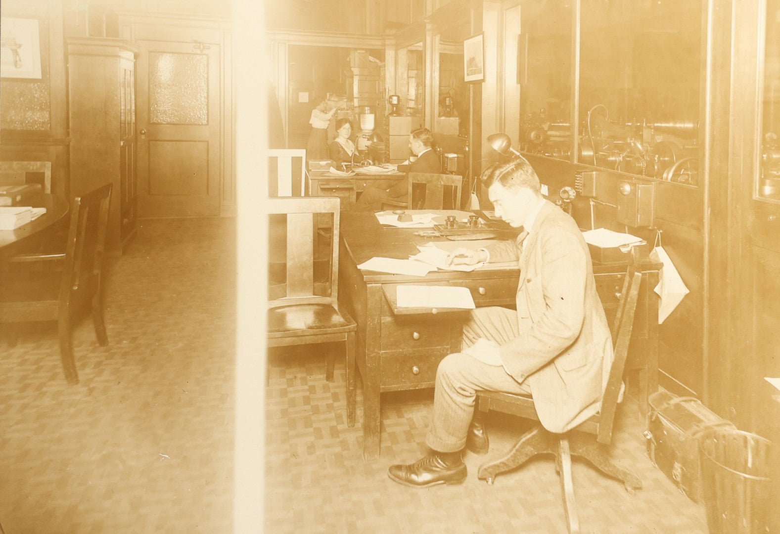 Trio of Antique Board-Mounted Occupational Photographs of Office Interiors with Typewriters, Filing Cabinets, Desks, and Telephones
