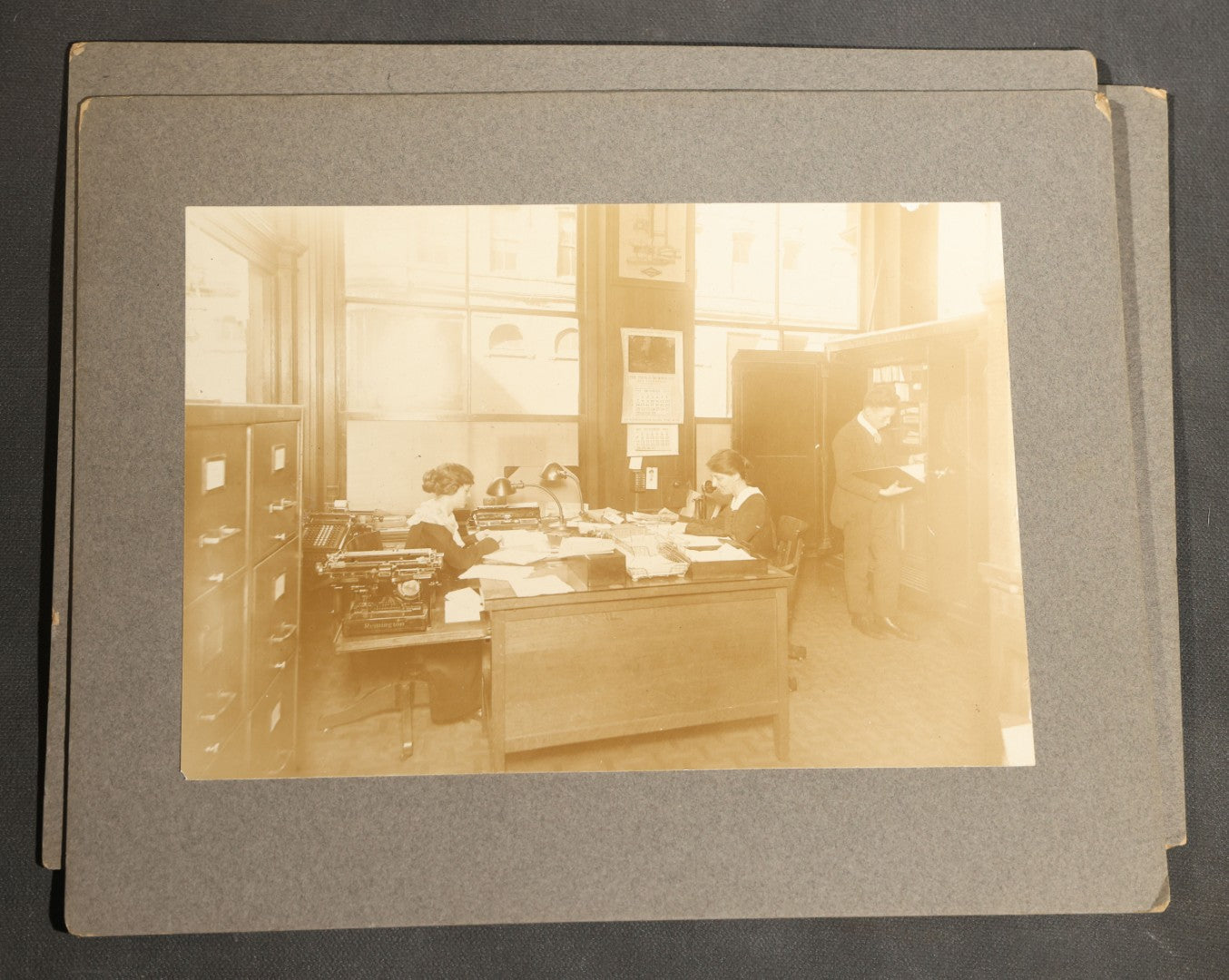 Trio of Antique Board-Mounted Occupational Photographs of Office Interiors with Typewriters, Filing Cabinets, Desks, and Telephones