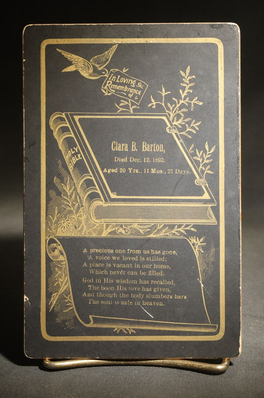 Antique Memorial Cabinet Card for Clara B. Barton, Died December 12, 1893, Aged 20 Years, 11 Months, 27 Days, with Open Bible, Dove, and Verse