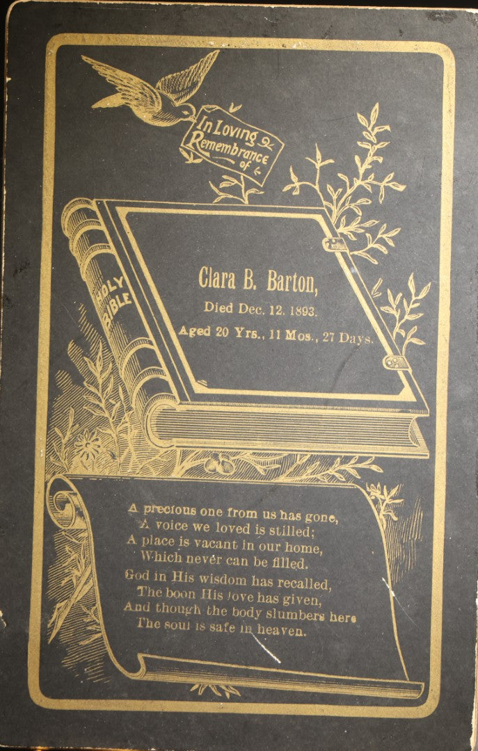 Antique Memorial Cabinet Card for Clara B. Barton, Died December 12, 1893, Aged 20 Years, 11 Months, 27 Days, with Open Bible, Dove, and Verse