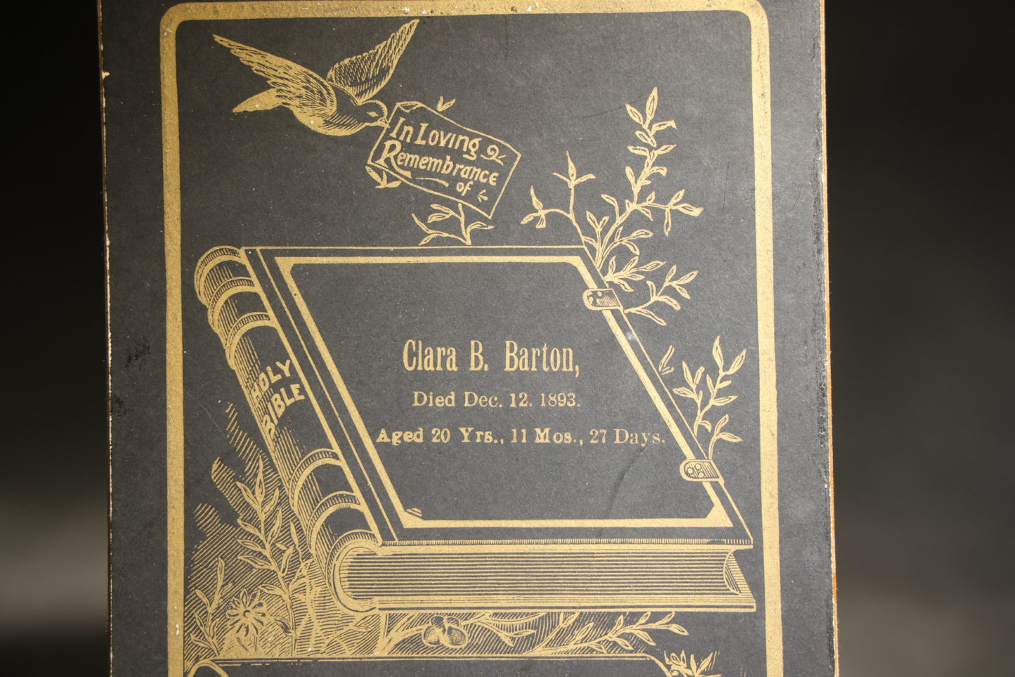 Antique Memorial Cabinet Card for Clara B. Barton, Died December 12, 1893, Aged 20 Years, 11 Months, 27 Days, with Open Bible, Dove, and Verse