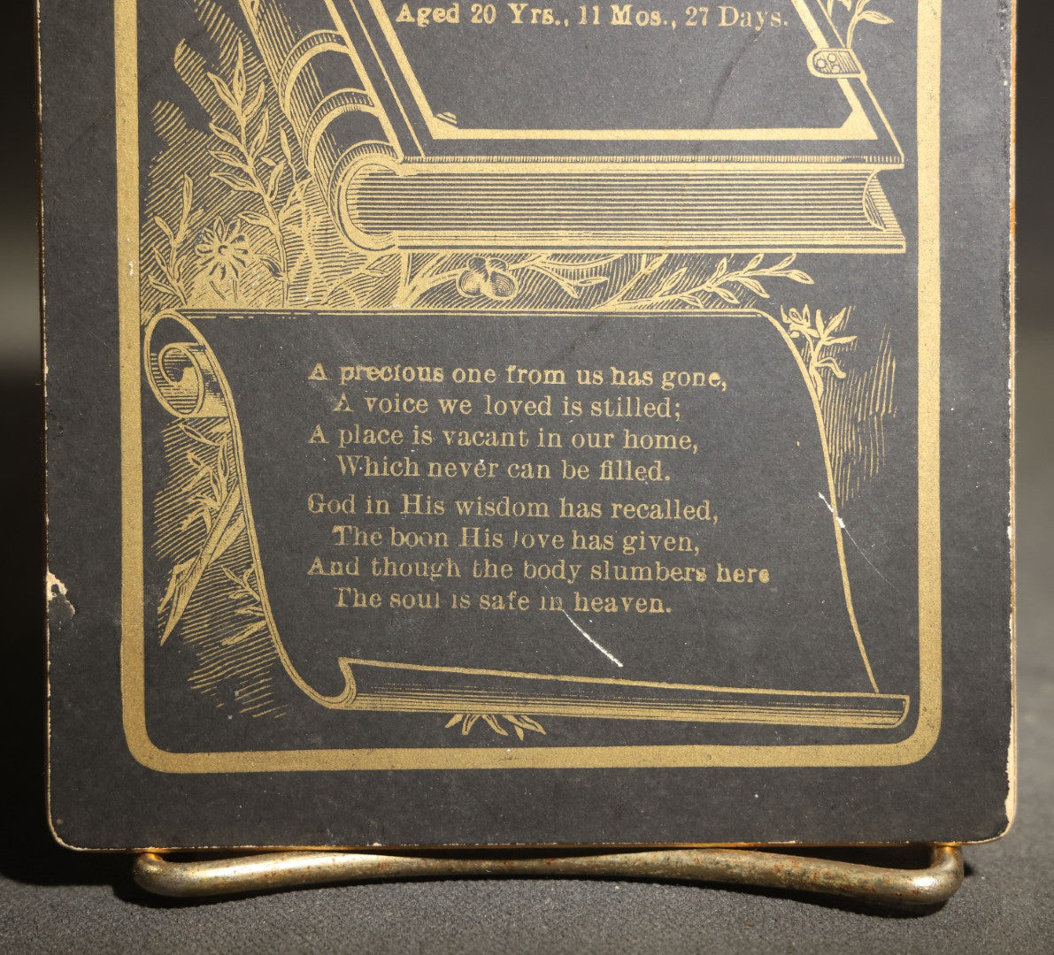 Antique Memorial Cabinet Card for Clara B. Barton, Died December 12, 1893, Aged 20 Years, 11 Months, 27 Days, with Open Bible, Dove, and Verse