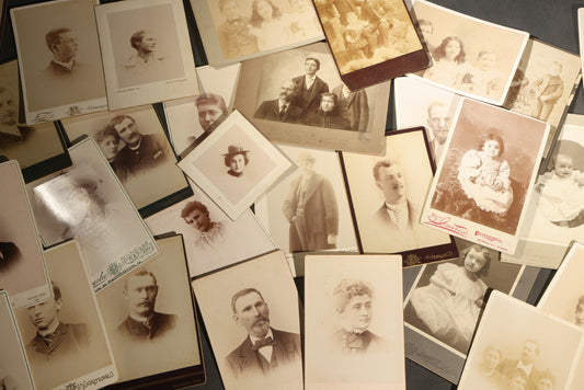 Grouping of 30+ Antique Cabinet Card Photographs of Men, Women, Children, and Families Including Photographers from Oberlin, Ohio, Youngstown, Ohio, West Lafayette, Indiana, Kalamazoo, Michigan, and Detroit, Michigan