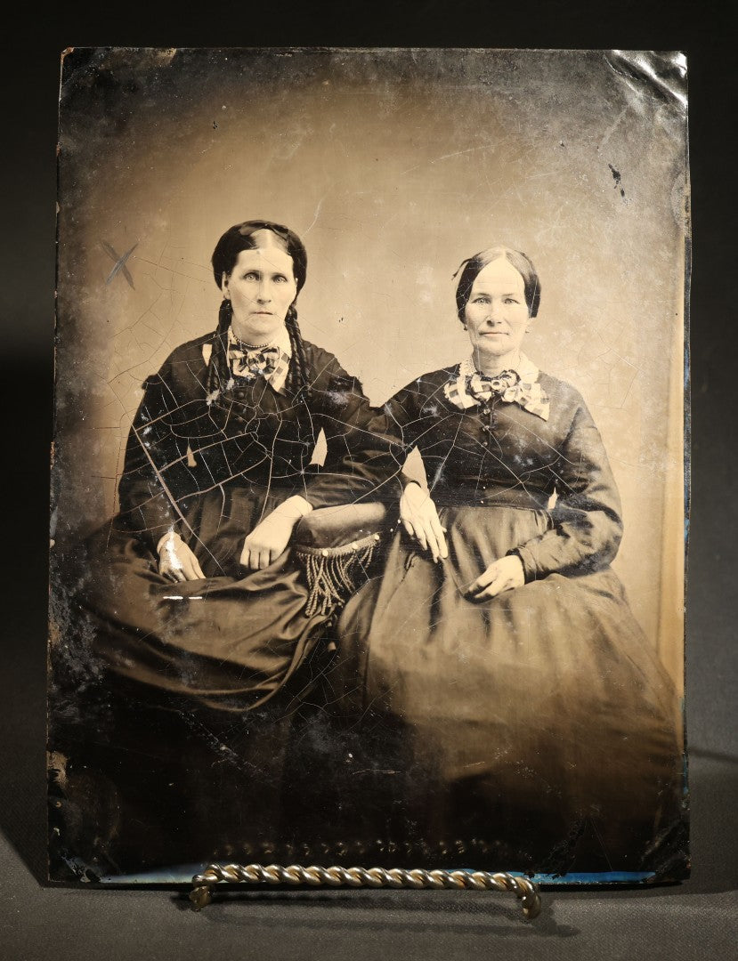 Antique Full Plate Tintype Photograph of Two Seated Women in Dark Dresses with Plaid Bows