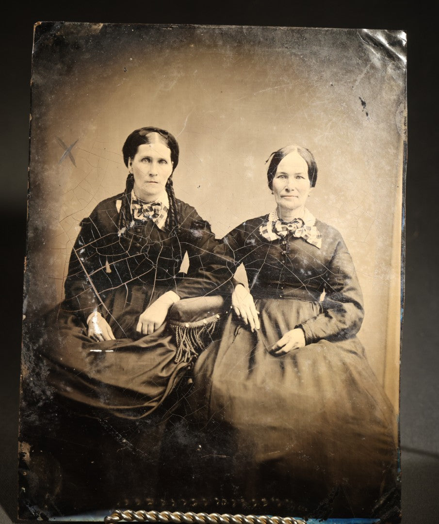 Antique Full Plate Tintype Photograph of Two Seated Women in Dark Dresses with Plaid Bows