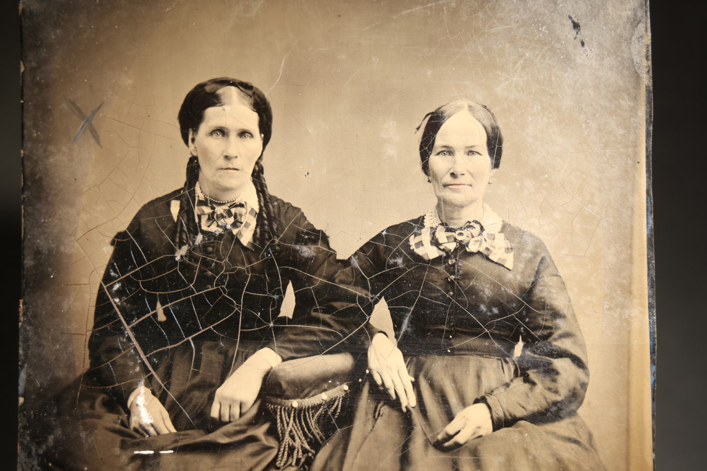 Antique Full Plate Tintype Photograph of Two Seated Women in Dark Dresses with Plaid Bows