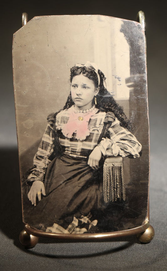 Antique Tintype Photograph of a Young Girl with Curly Hair in a Plaid Dress with Hand-Tinted Pink Collar and Gold Jewelry