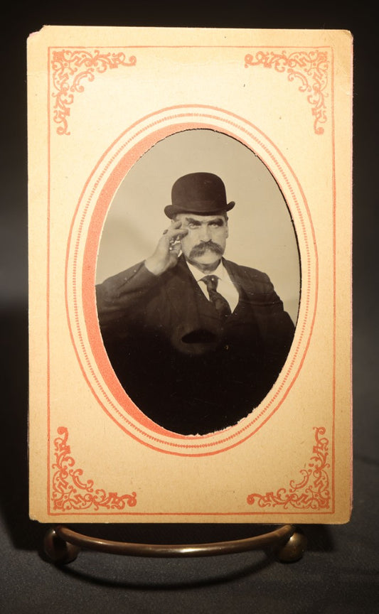 Antique Tintype Photograph of a Man in a Bowler Hat and Suit in a Paper Frame, Photographed by P.N. Bliss, Boston, Massachusetts