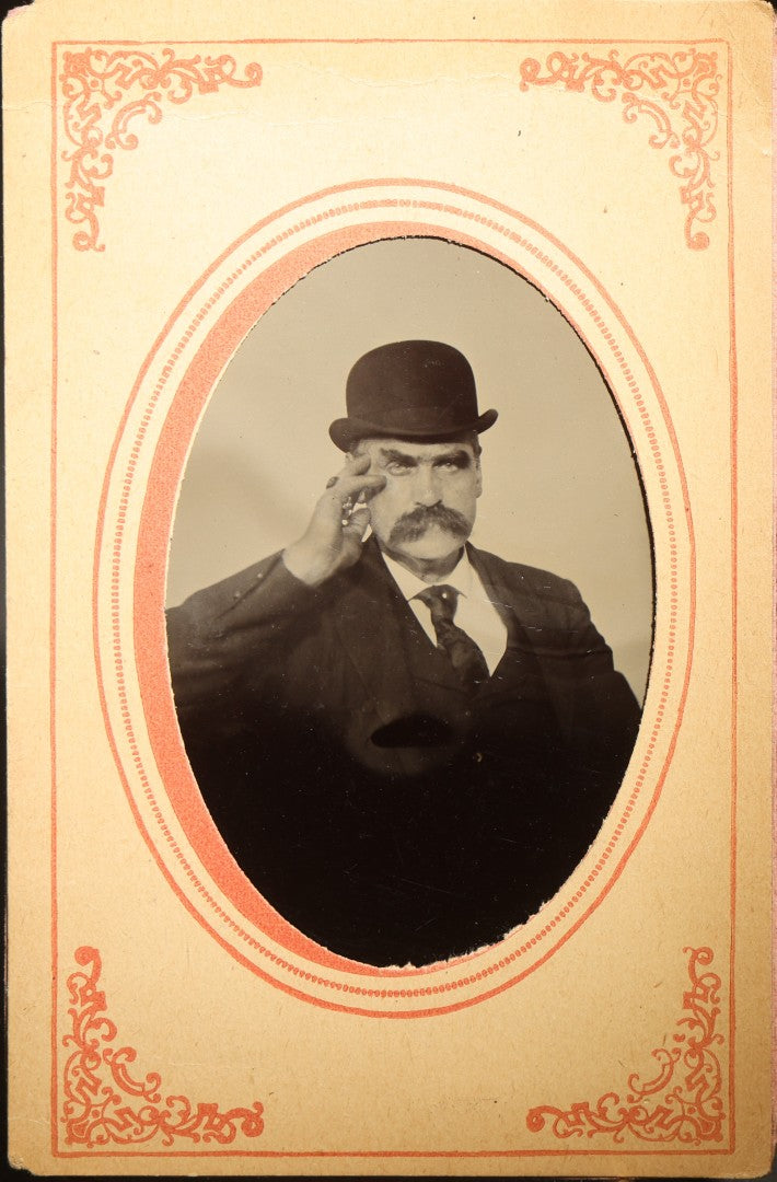 Antique Tintype Photograph of a Man in a Bowler Hat and Suit in a Paper Frame, Photographed by P.N. Bliss, Boston, Massachusetts