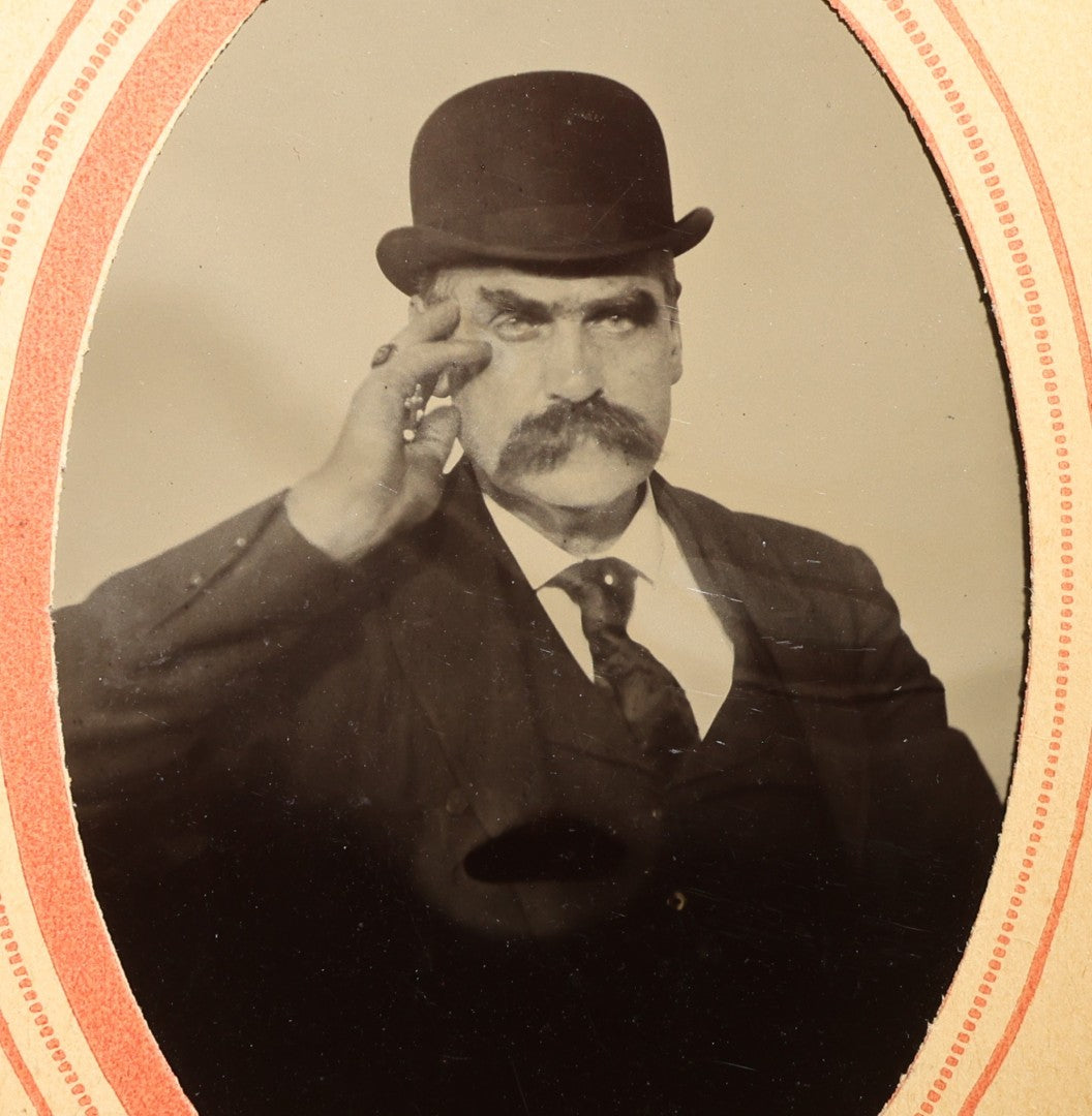 Antique Tintype Photograph of a Man in a Bowler Hat and Suit in a Paper Frame, Photographed by P.N. Bliss, Boston, Massachusetts