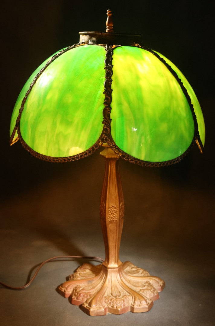 Antique Green Slag Glass Table Lamp with Six-Panel Shade, Ornate Metal Base with Grape and Floral Motifs, Tested and Working