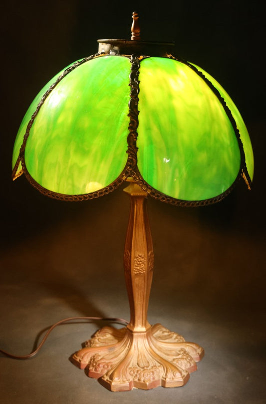 Antique Green Slag Glass Table Lamp with Six-Panel Shade, Ornate Metal Base with Grape and Floral Motifs, Tested and Working