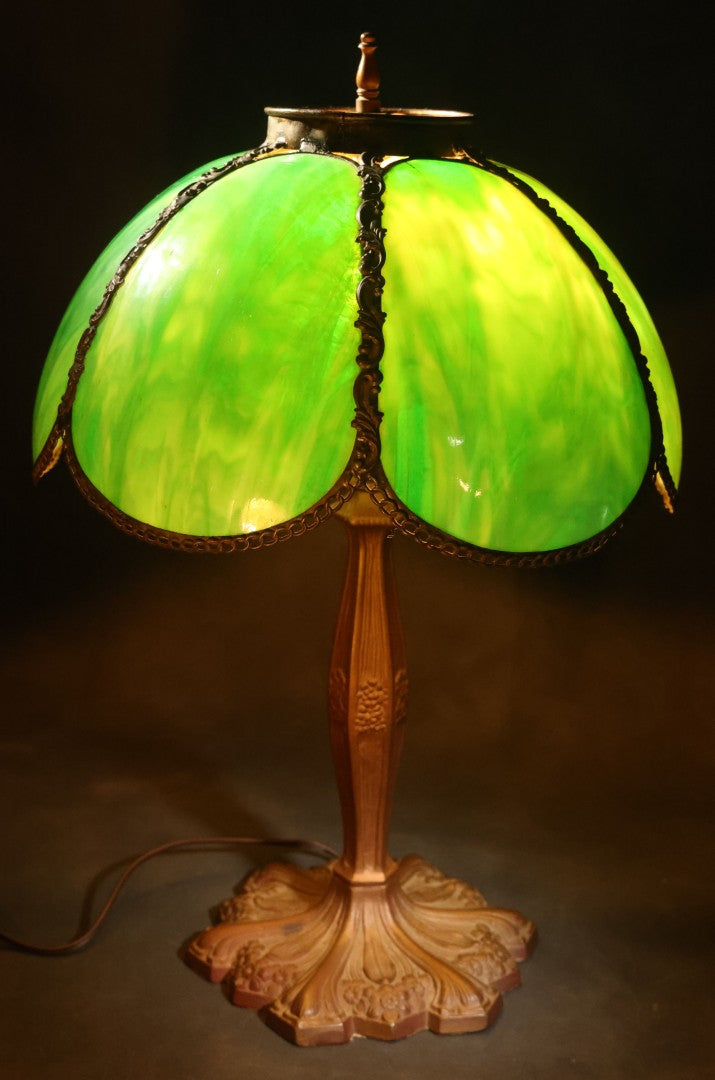 Antique Green Slag Glass Table Lamp with Six-Panel Shade, Ornate Metal Base with Grape and Floral Motifs, Tested and Working