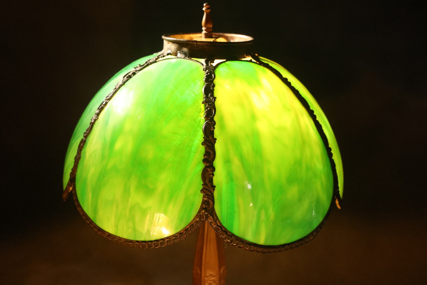Antique Green Slag Glass Table Lamp with Six-Panel Shade, Ornate Metal Base with Grape and Floral Motifs, Tested and Working