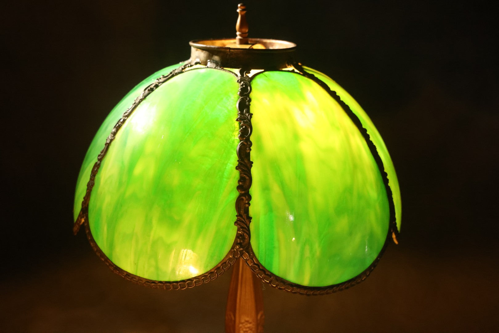 Antique Green Slag Glass Table Lamp with Six-Panel Shade, Ornate Metal Base with Grape and Floral Motifs, Tested and Working