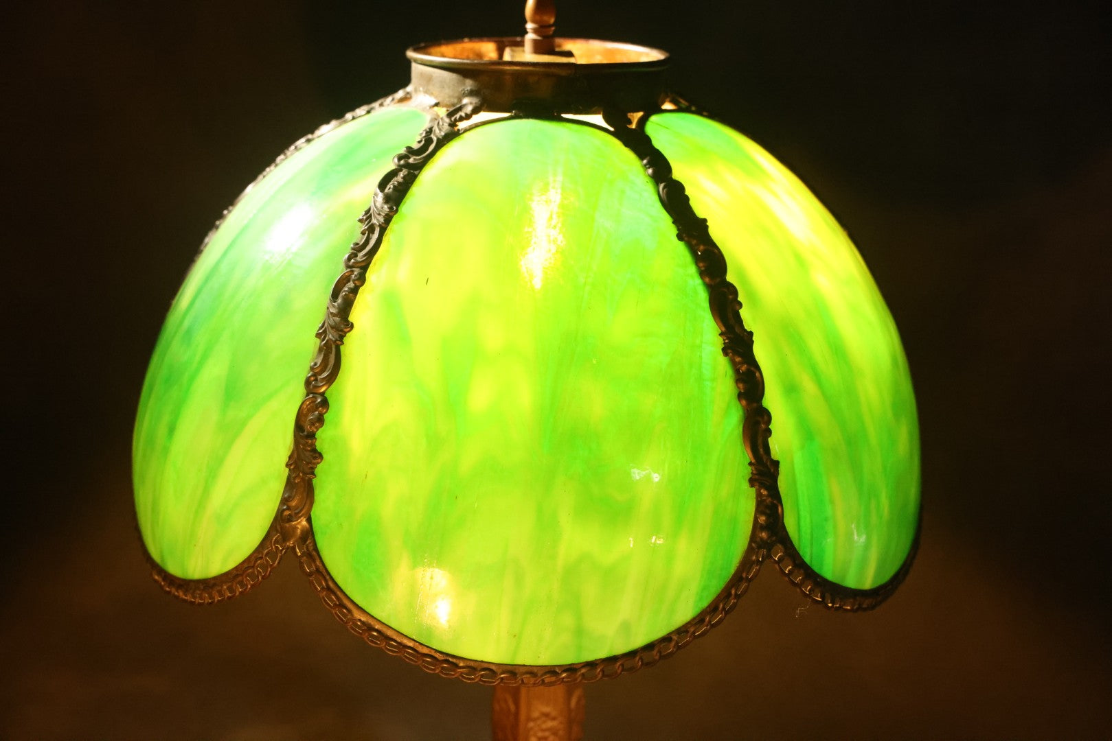 Antique Green Slag Glass Table Lamp with Six-Panel Shade, Ornate Metal Base with Grape and Floral Motifs, Tested and Working