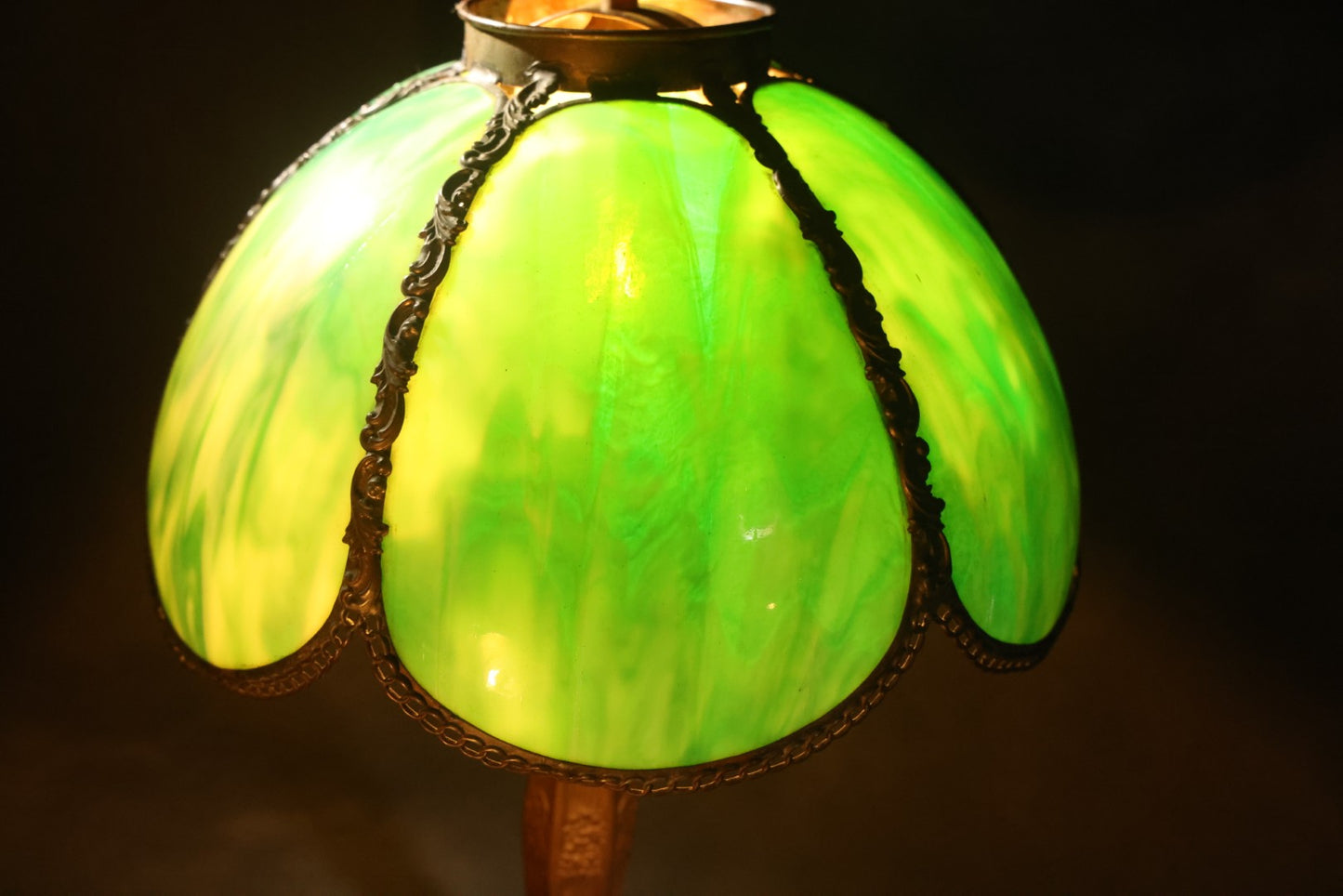 Antique Green Slag Glass Table Lamp with Six-Panel Shade, Ornate Metal Base with Grape and Floral Motifs, Tested and Working