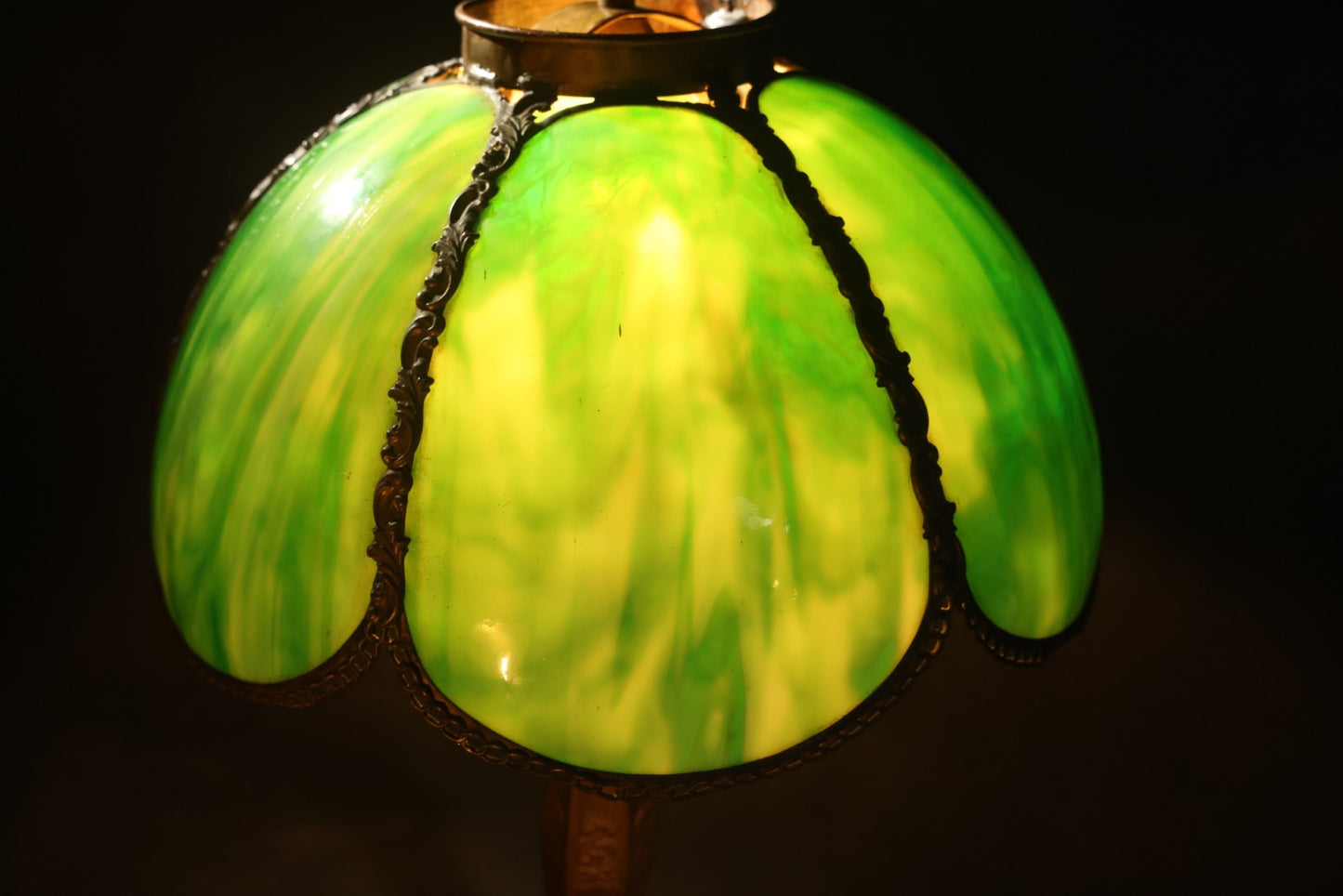 Antique Green Slag Glass Table Lamp with Six-Panel Shade, Ornate Metal Base with Grape and Floral Motifs, Tested and Working