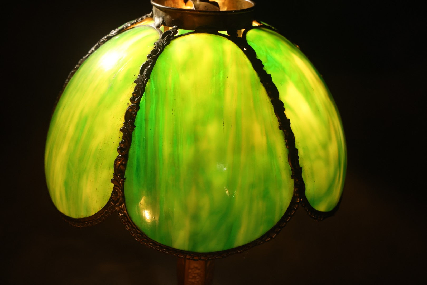 Antique Green Slag Glass Table Lamp with Six-Panel Shade, Ornate Metal Base with Grape and Floral Motifs, Tested and Working