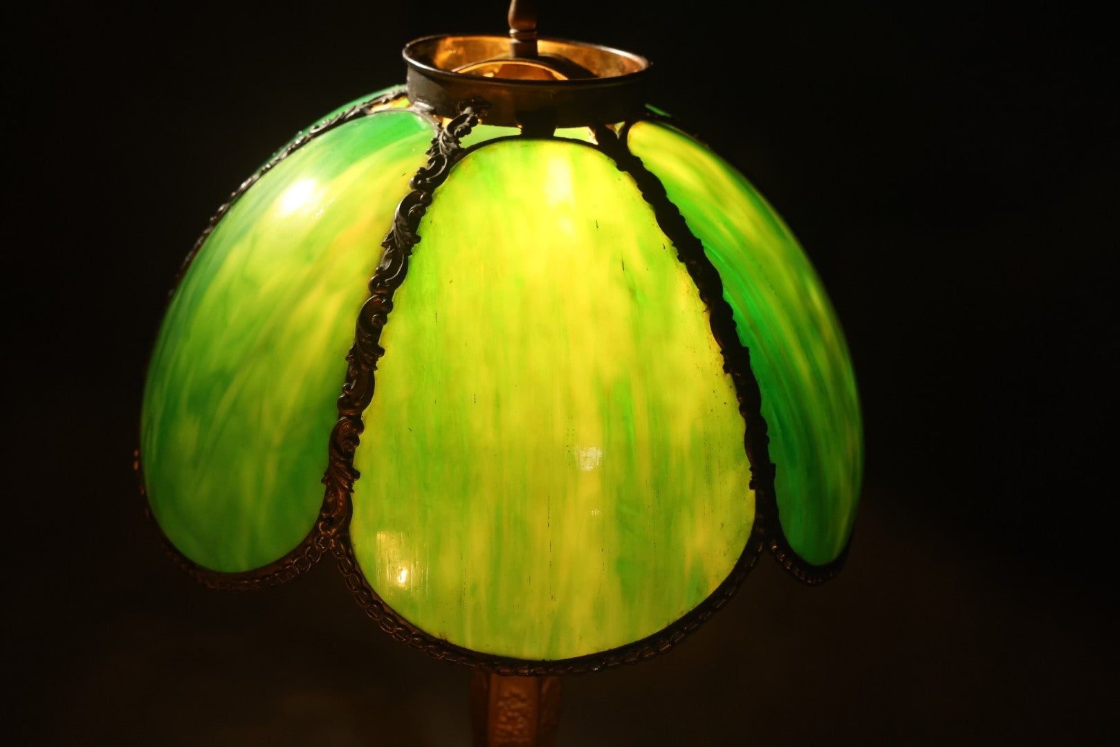 Antique Green Slag Glass Table Lamp with Six-Panel Shade, Ornate Metal Base with Grape and Floral Motifs, Tested and Working