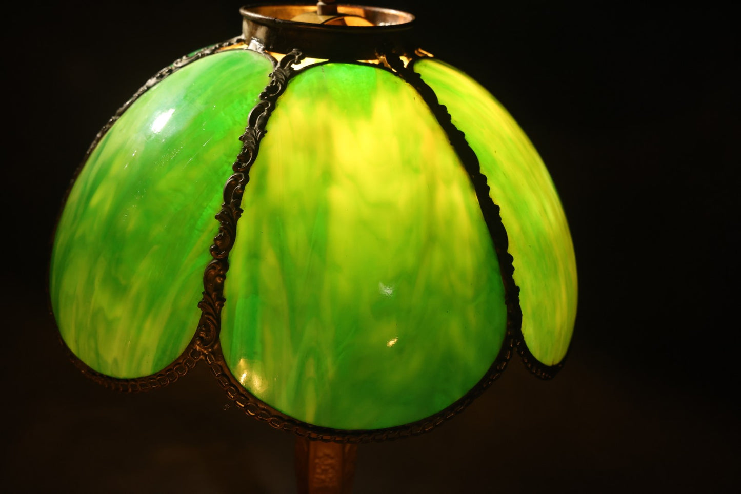 Antique Green Slag Glass Table Lamp with Six-Panel Shade, Ornate Metal Base with Grape and Floral Motifs, Tested and Working