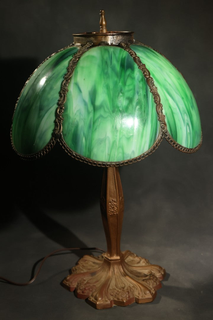 Antique Green Slag Glass Table Lamp with Six-Panel Shade, Ornate Metal Base with Grape and Floral Motifs, Tested and Working