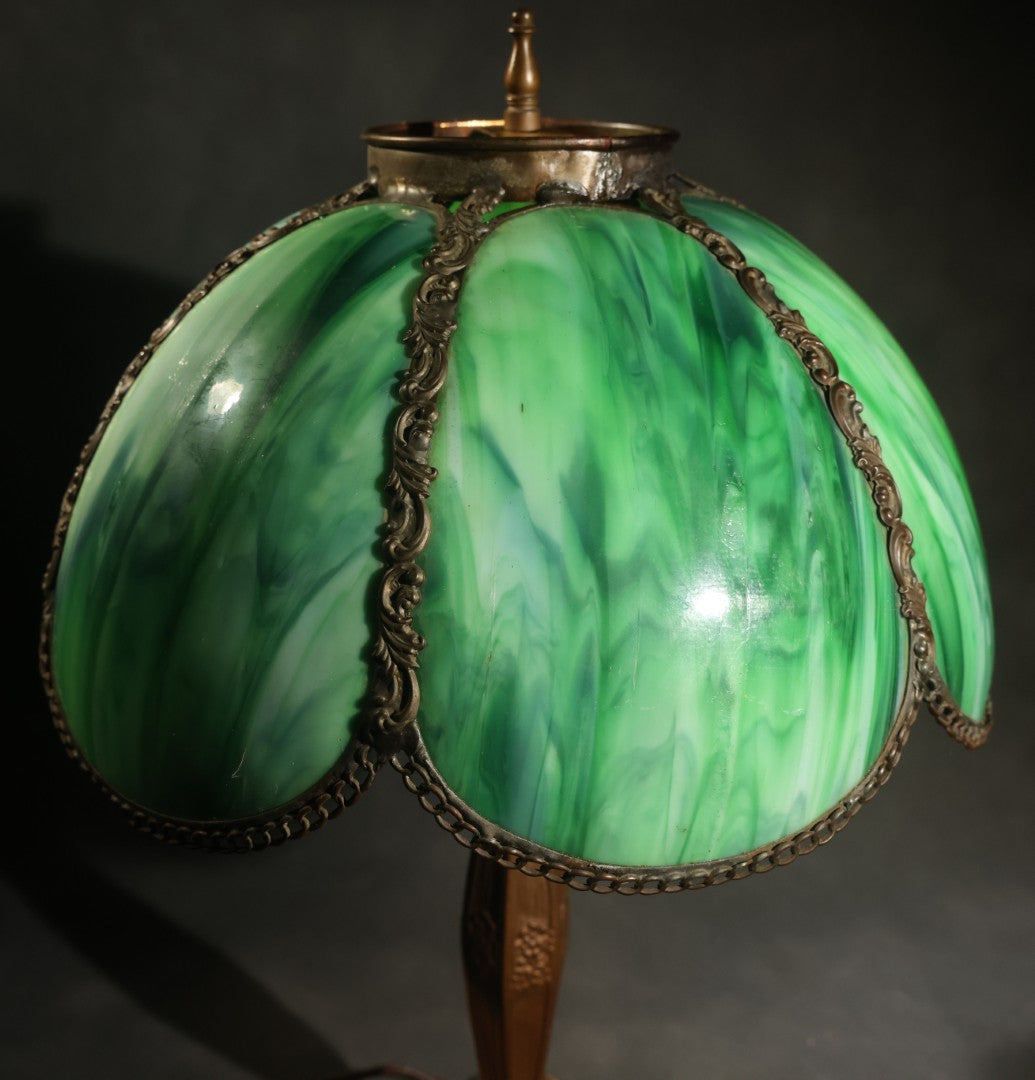 Antique Green Slag Glass Table Lamp with Six-Panel Shade, Ornate Metal Base with Grape and Floral Motifs, Tested and Working