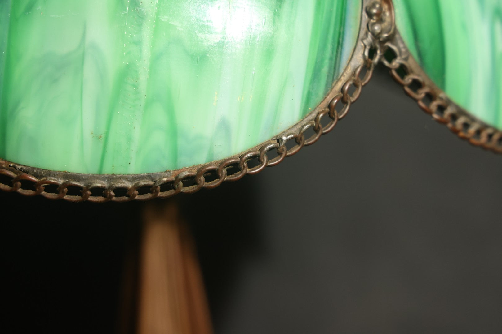 Antique Green Slag Glass Table Lamp with Six-Panel Shade, Ornate Metal Base with Grape and Floral Motifs, Tested and Working