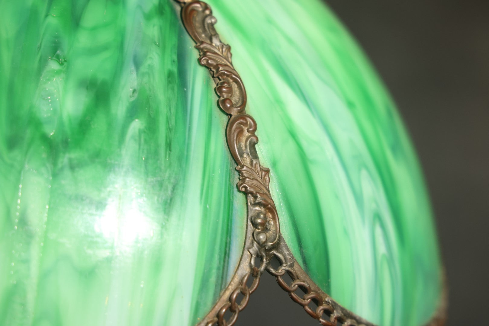 Antique Green Slag Glass Table Lamp with Six-Panel Shade, Ornate Metal Base with Grape and Floral Motifs, Tested and Working