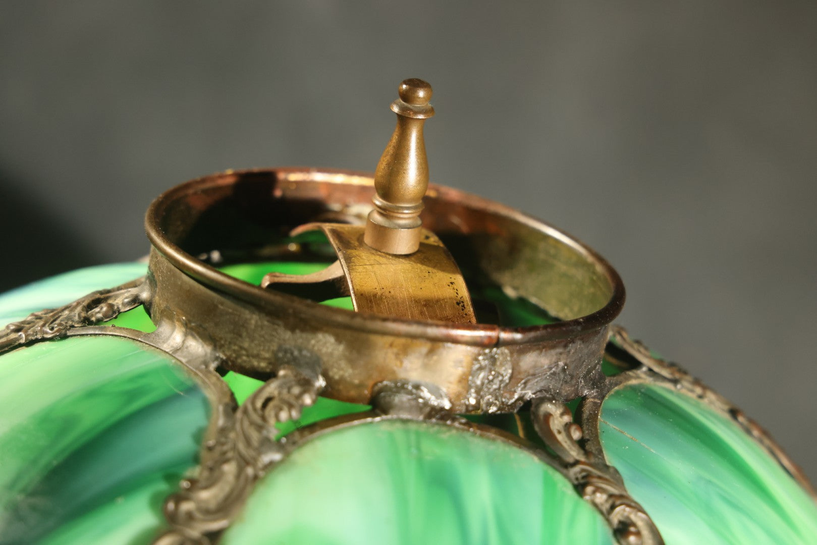 Antique Green Slag Glass Table Lamp with Six-Panel Shade, Ornate Metal Base with Grape and Floral Motifs, Tested and Working