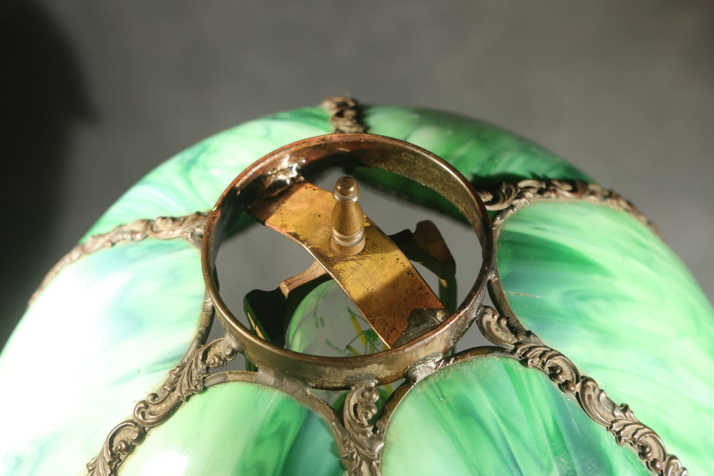 Antique Green Slag Glass Table Lamp with Six-Panel Shade, Ornate Metal Base with Grape and Floral Motifs, Tested and Working