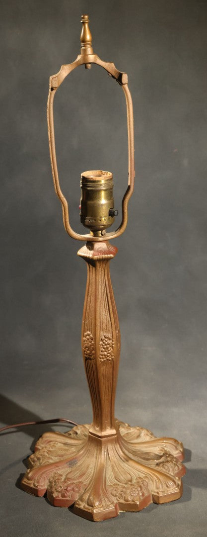 Antique Green Slag Glass Table Lamp with Six-Panel Shade, Ornate Metal Base with Grape and Floral Motifs, Tested and Working