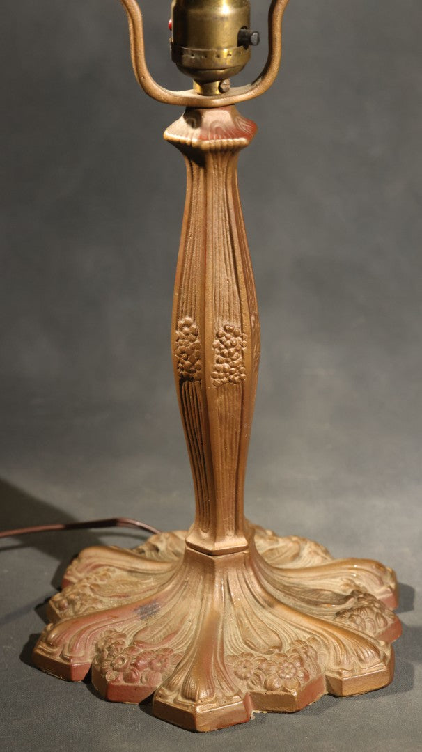 Antique Green Slag Glass Table Lamp with Six-Panel Shade, Ornate Metal Base with Grape and Floral Motifs, Tested and Working