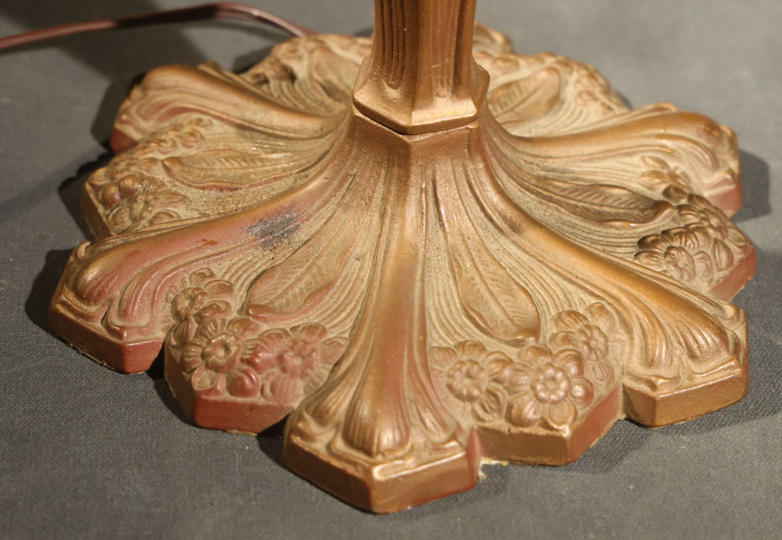 Antique Green Slag Glass Table Lamp with Six-Panel Shade, Ornate Metal Base with Grape and Floral Motifs, Tested and Working