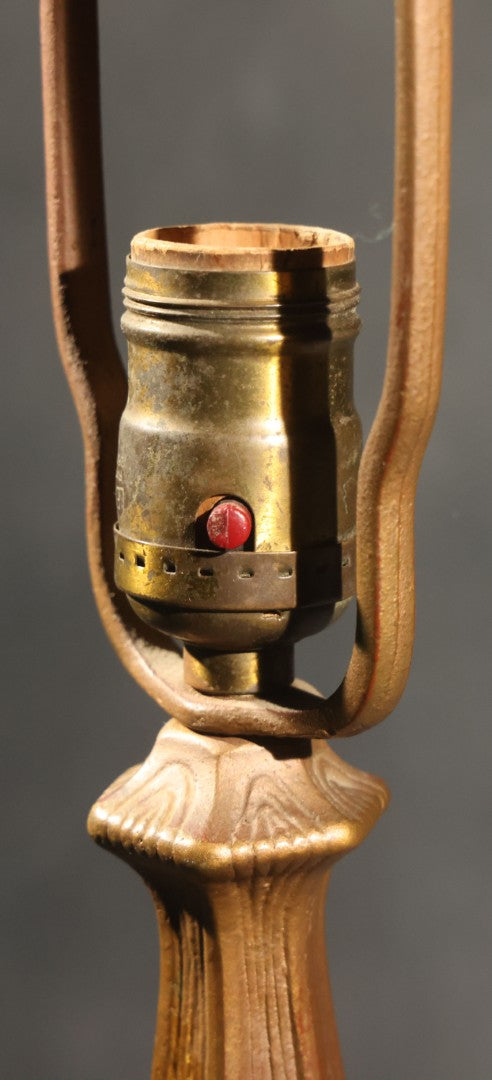 Antique Green Slag Glass Table Lamp with Six-Panel Shade, Ornate Metal Base with Grape and Floral Motifs, Tested and Working