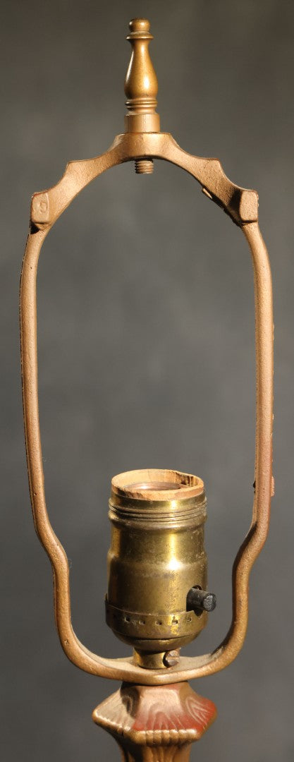 Antique Green Slag Glass Table Lamp with Six-Panel Shade, Ornate Metal Base with Grape and Floral Motifs, Tested and Working