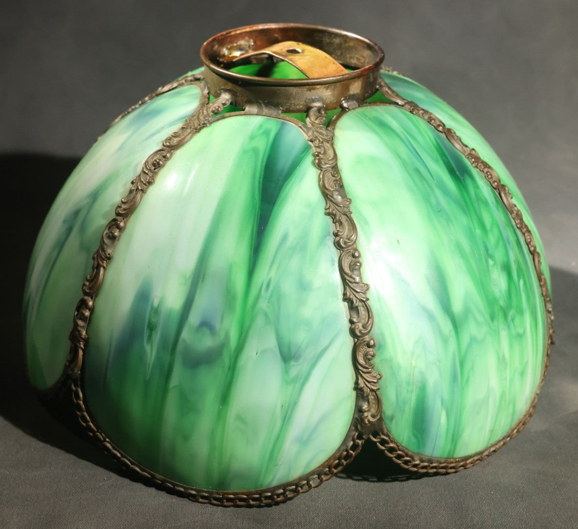 Antique Green Slag Glass Table Lamp with Six-Panel Shade, Ornate Metal Base with Grape and Floral Motifs, Tested and Working
