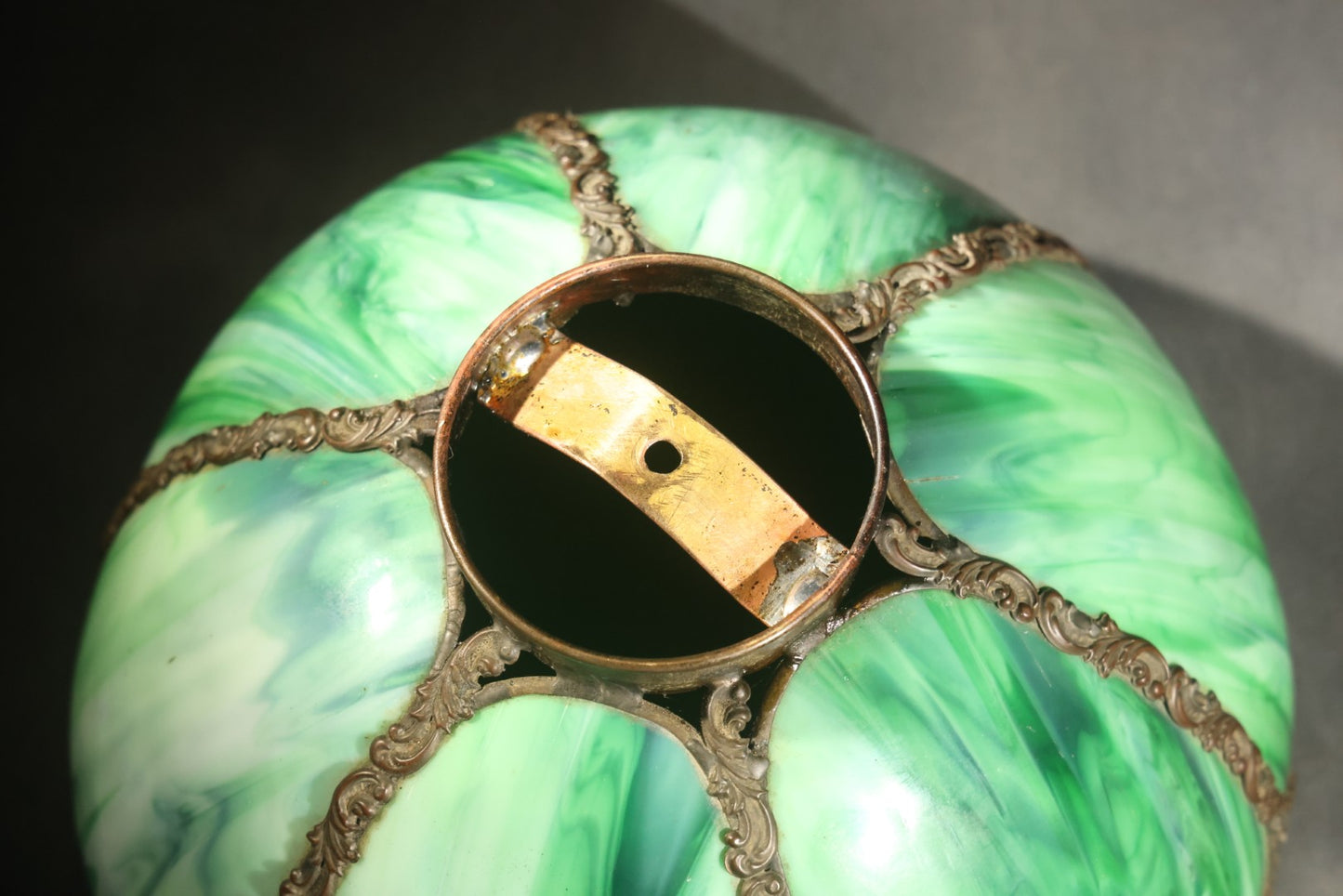Antique Green Slag Glass Table Lamp with Six-Panel Shade, Ornate Metal Base with Grape and Floral Motifs, Tested and Working