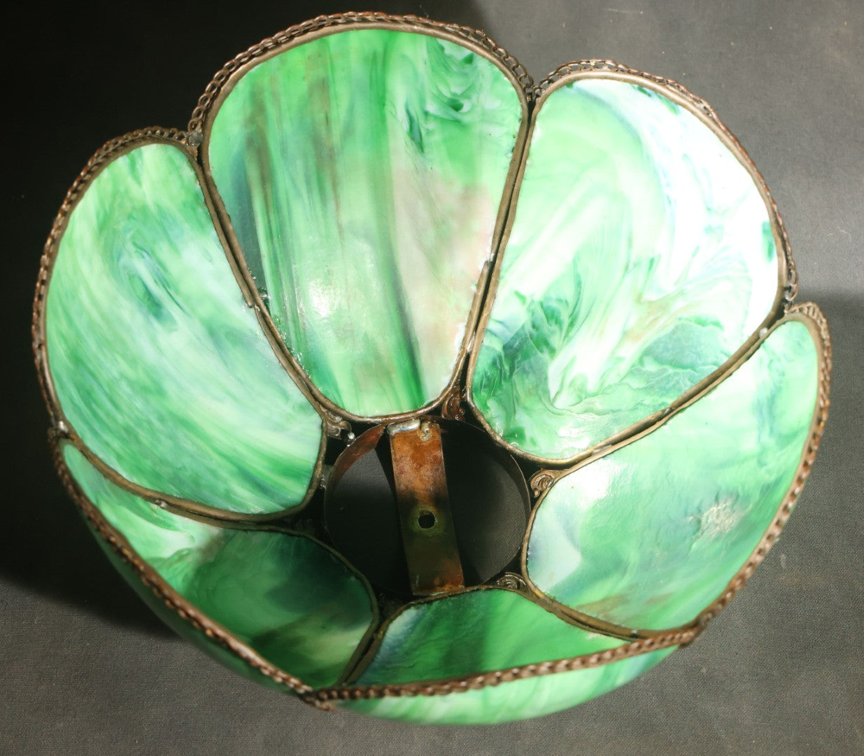 Antique Green Slag Glass Table Lamp with Six-Panel Shade, Ornate Metal Base with Grape and Floral Motifs, Tested and Working